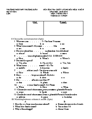 Đề kiểm tra chất lượng đầu năm môn Tiếng Anh Lớp 7 - Năm học 2018-2019 - Trường THCS THPT Trường Xuân